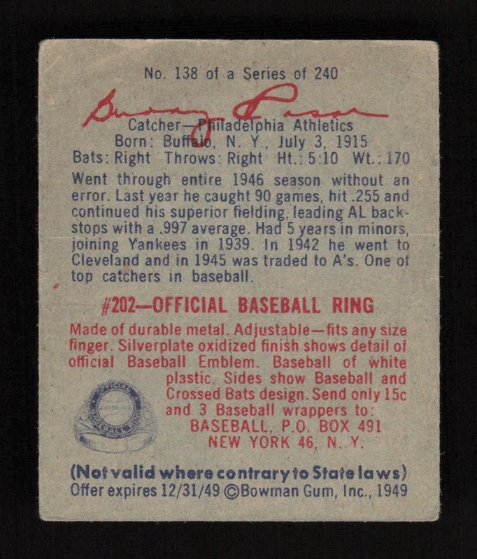 1949 Bowman #138 Warren "Buddy" Rosar GD, back