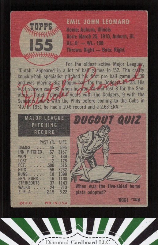 1953 Topps #155 Dutch Leonard : Bio uses black text VGEX c, back