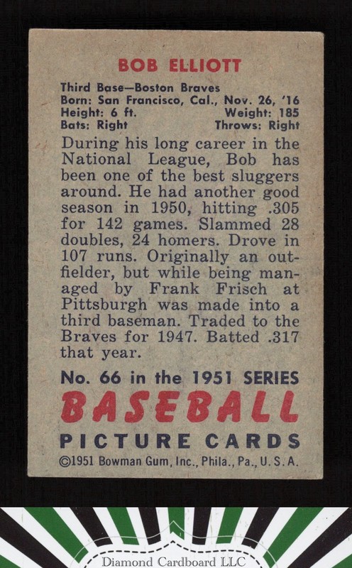 1951 Bowman #66 Bob Elliott VGEX, back