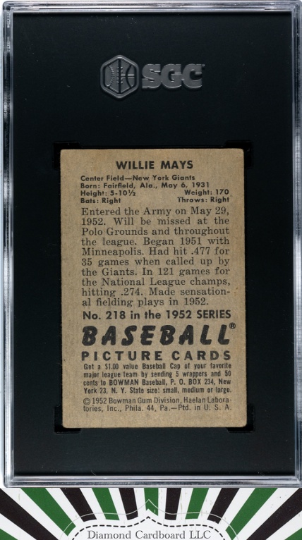 1952 Bowman #218 Willie Mays SGC 2, back