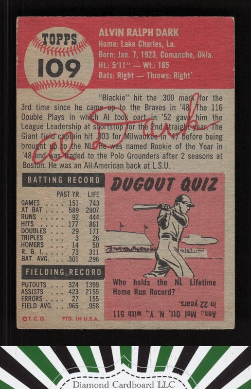 1953 Topps #109 Alvin Dark : Bio uses white text VGEX c, back