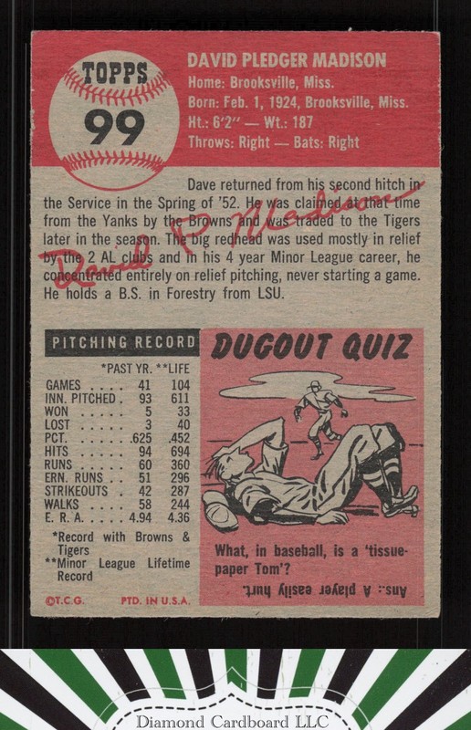 1953 Topps #99 Dave Madison : Bio uses white text GD [GREAT EYE APPEAL] a, back