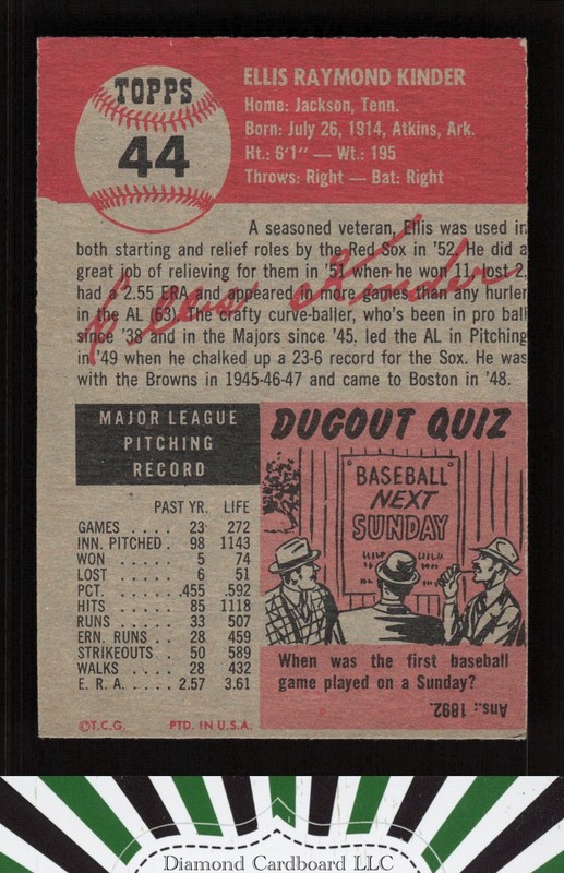 1953 Topps #44a Ellis Kinder EX i, back