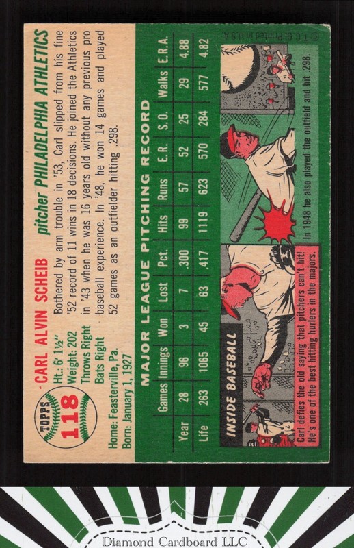1954 Topps #118 Carl Scheib EX+ [CENTERED] b, back