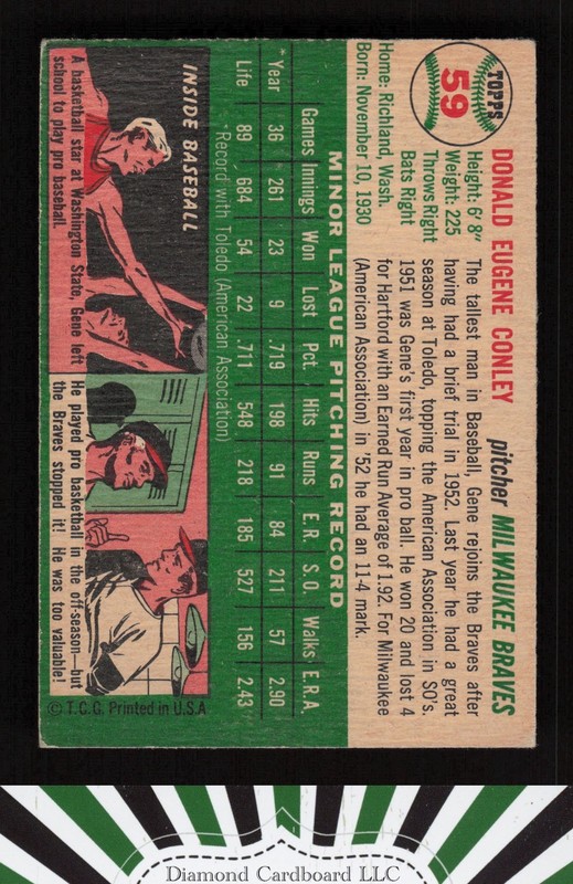1954 Topps #59 Gene Conley GD+ c, back