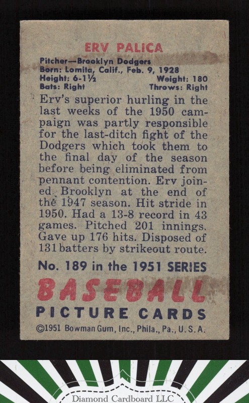 1951 Bowman #189 Erv Palica VGEX, back