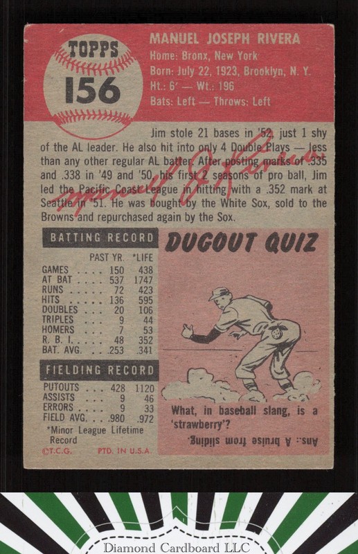 1953 Topps #156 Jim Rivera : Bio uses white text VGEX f, back