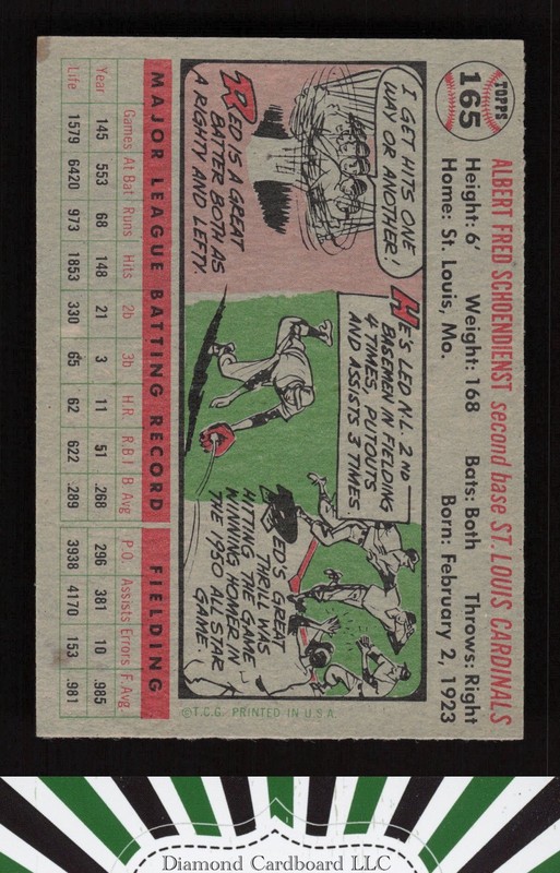 1956 Topps #165 Red Schoendienst VGEX h, back