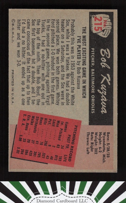 1955 Bowman #215 Bob Kuzava NM, back