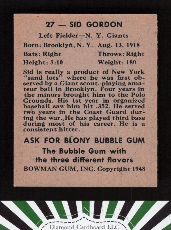 1948 Bowman #27 Sid Gordon EXMT a, back