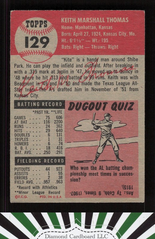 1953 Topps #129 Keith Thomas : Bio uses white text VGEX f, back