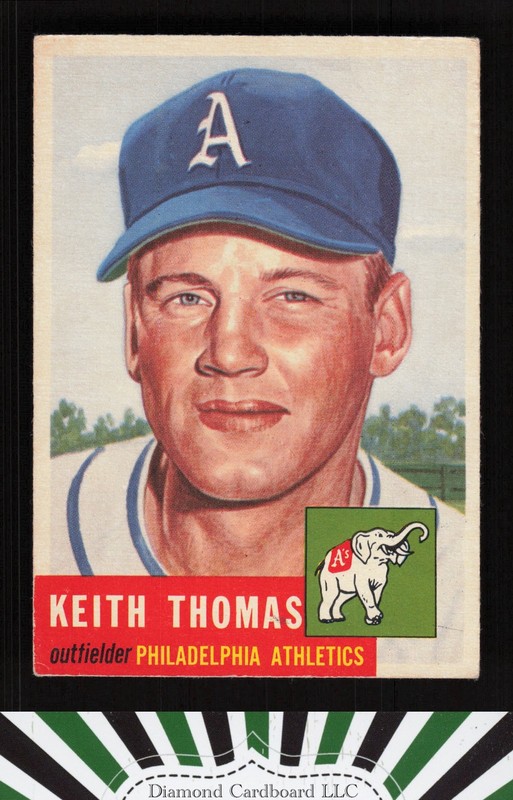 1953 Topps #129 Keith Thomas : Bio uses white text VGEX f, front
