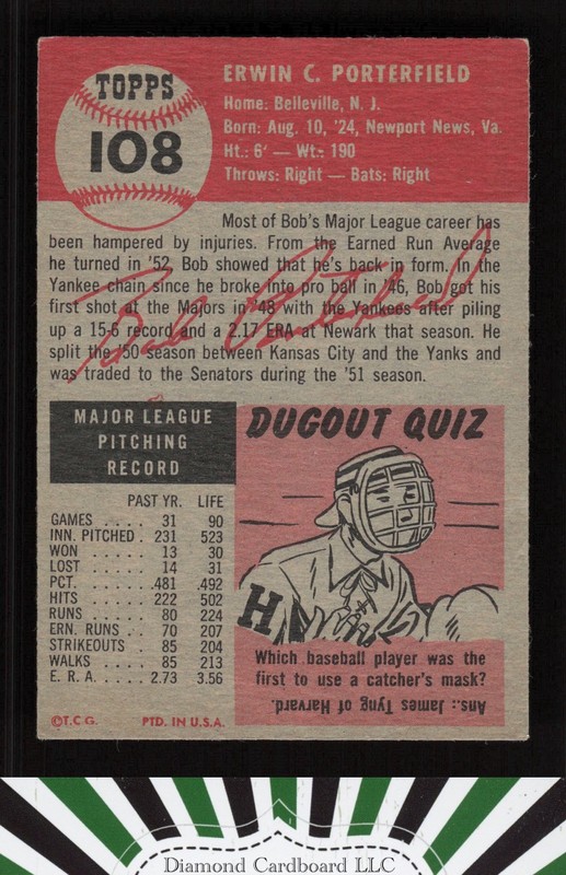1953 Topps #108 Bob Porterfield : Bio uses black text VGEX c, back