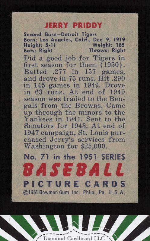 1951 Bowman #71 Jerry Priddy VGEX, back