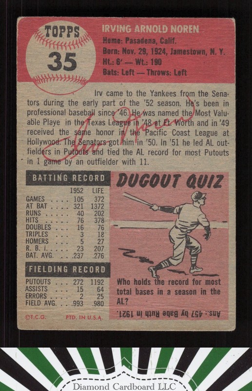 1953 Topps #35 Irv Noren GD b, back