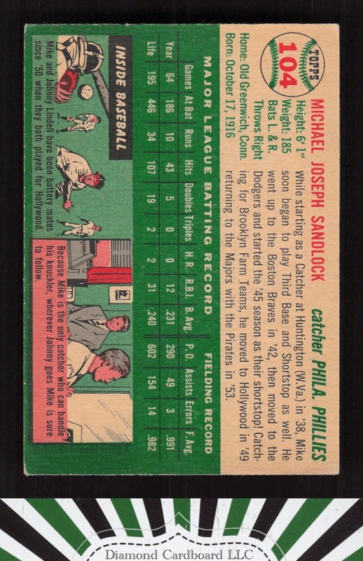 1954 Topps #104 Mike Sandlock VGEX+ b, back