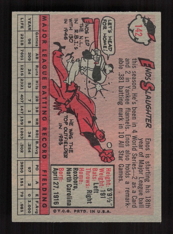 1958 Topps #142 Enos Slaughter EX i, back