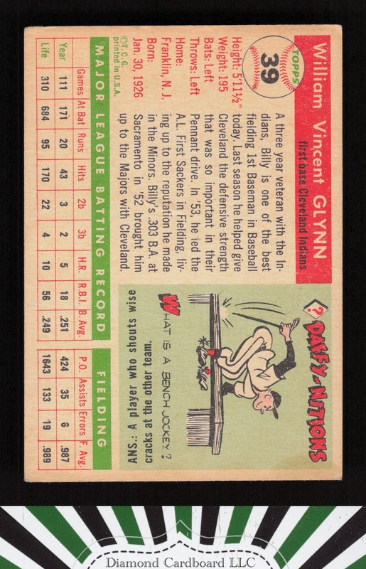 1955 Topps #39 Bill Glynn VGEX (MK) b, back
