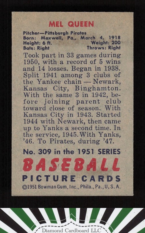 1951 Bowman #309 Mel Queen VGEX, back