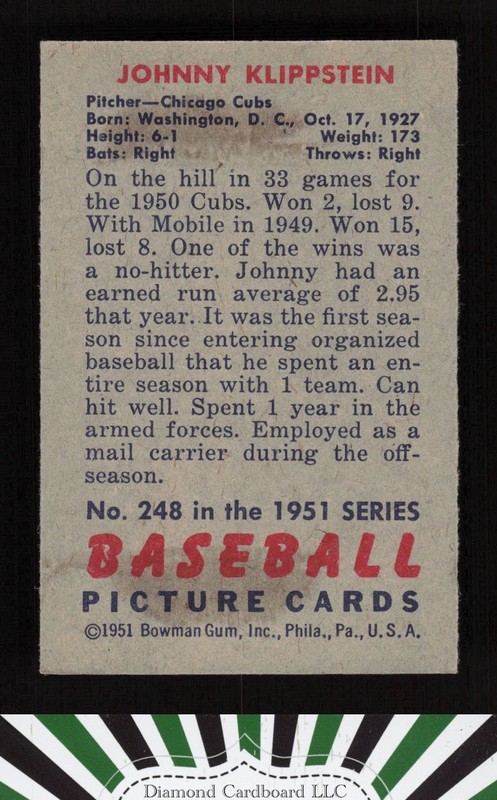 1951 Bowman #248 Johnny Klippstein VGEX, back