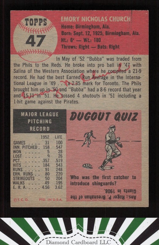 1953 Topps #47 Bubba Church EX+ i, back