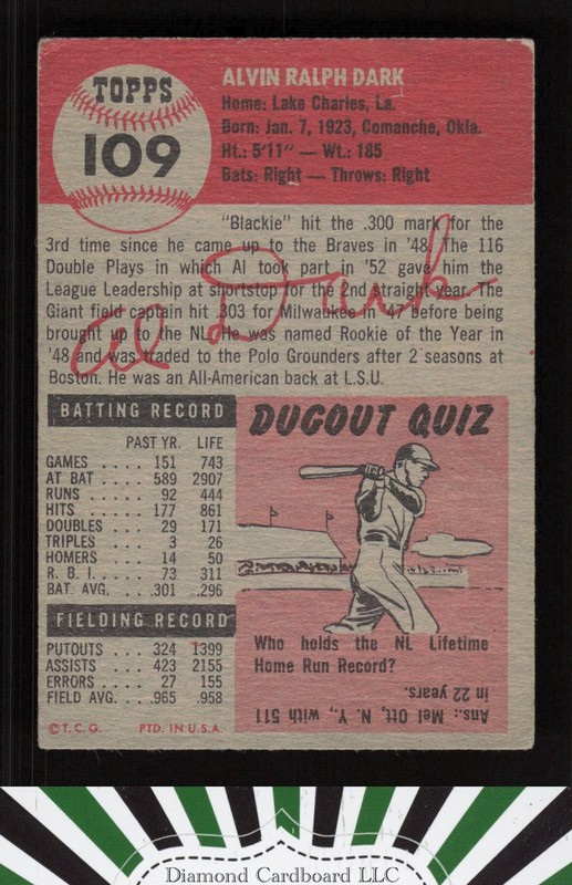 1953 Topps #109 Alvin Dark : Bio uses black text VG+ b, back