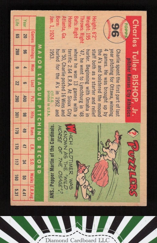1955 Topps #96 Charlie Bishop VGEX k, back