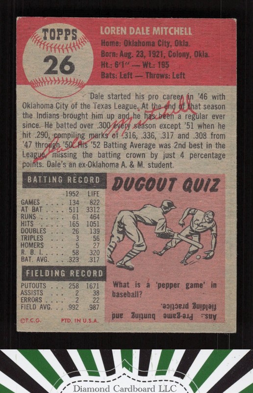 1953 Topps #26 Dale Mitchell EX+ [CENTERED] g, back