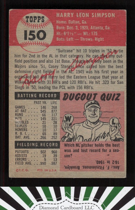 1953 Topps #150 Harry Simpson : Bio uses white text VG e, back