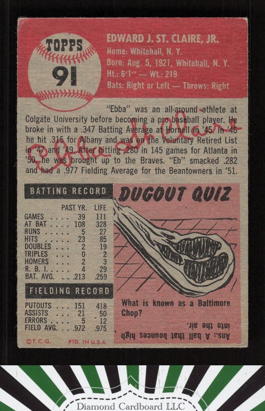 1953 Topps #91 Ebba St. Claire : Bio uses white text VG f, back