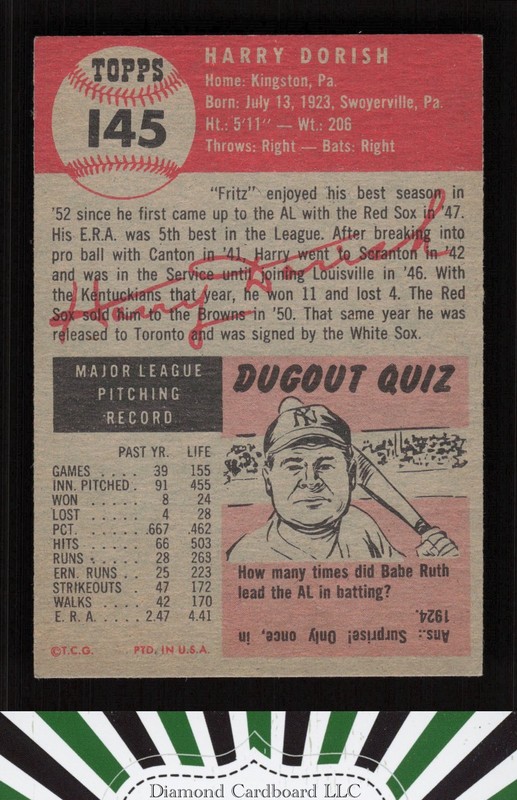 1953 Topps #145 Harry Dorish : Bio uses white text EXMT+ [CENTERED] h, back