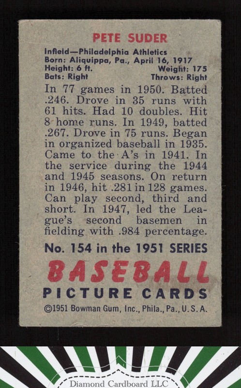 1951 Bowman #154 Pete Suder VG+ [CENTERED], back