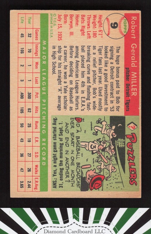 1955 Topps #9 Bob Miller VGEX m, back