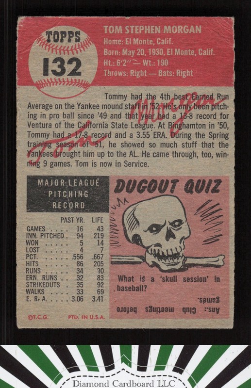 1953 Topps #132 Tom Morgan : Bio uses white text FR a, back