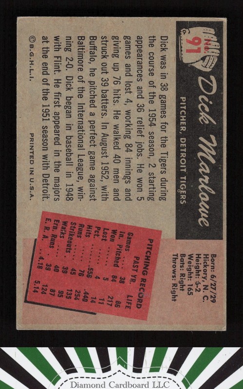 1955 Bowman #91 Dick Marlowe VGEX+, back