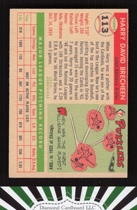 1955 Topps #113 Harry Brecheen EXMT m, back