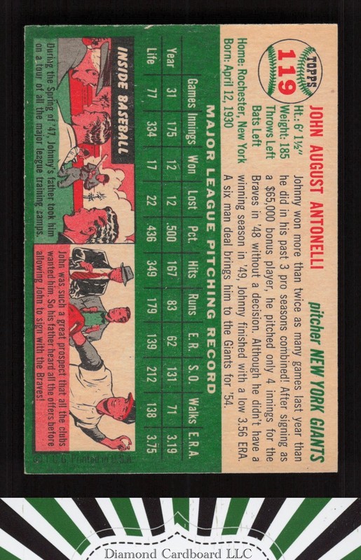 1954 Topps #119 Johnny Antonelli EXMT l, back
