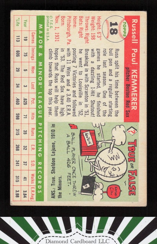 1955 Topps #18 Russ Kemmerer VG+ c, back