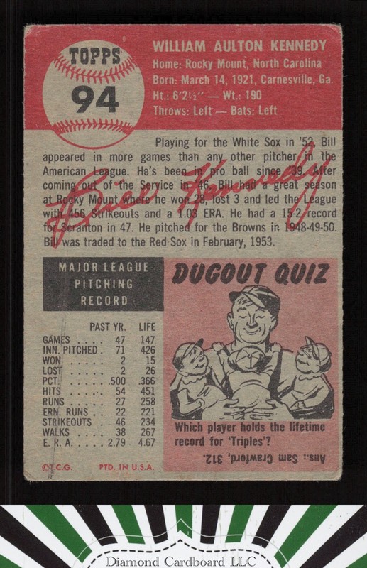 1953 Topps #94 Bill Kennedy : Bio uses white text GD a, back