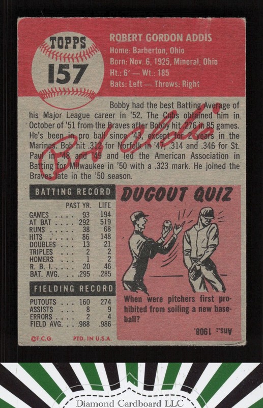 1953 Topps #157 Bob Addis : Bio uses white text FR a, back