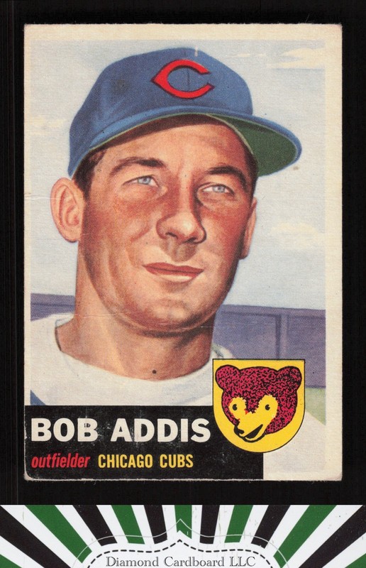 1953 Topps #157 Bob Addis : Bio uses white text FR a, front