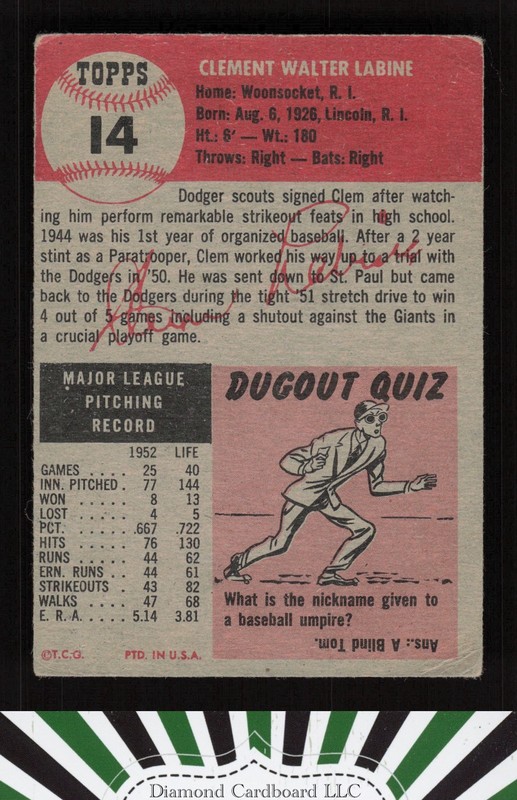 1953 Topps #14 Clem Labine GD b, back