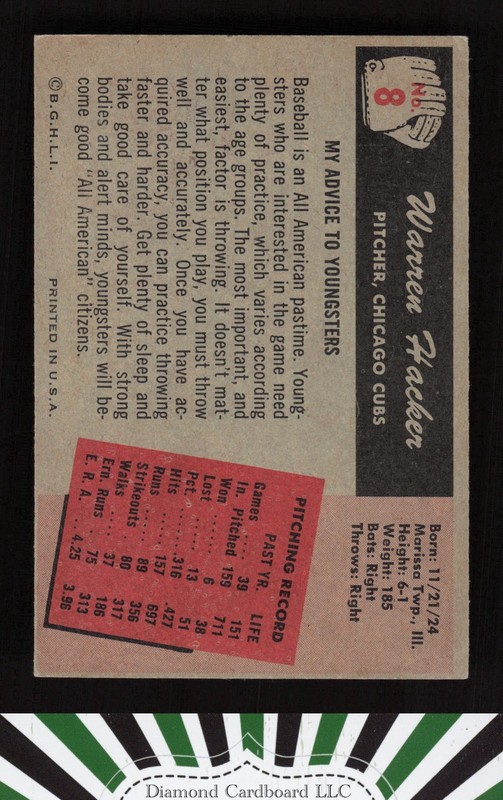 1955 Bowman #8 Warren Hacker EX, back