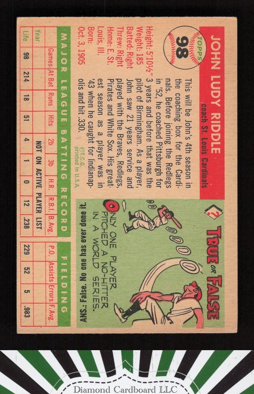1955 Topps #98 Johnny Riddle VGEX j, back