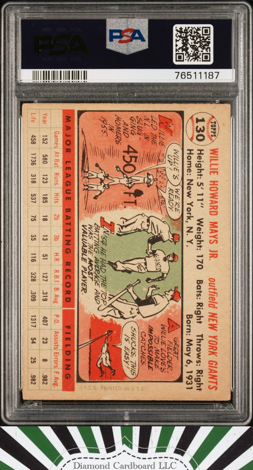 1956 Topps #130 Willie Mays PSA 4 [Rare White Back], back