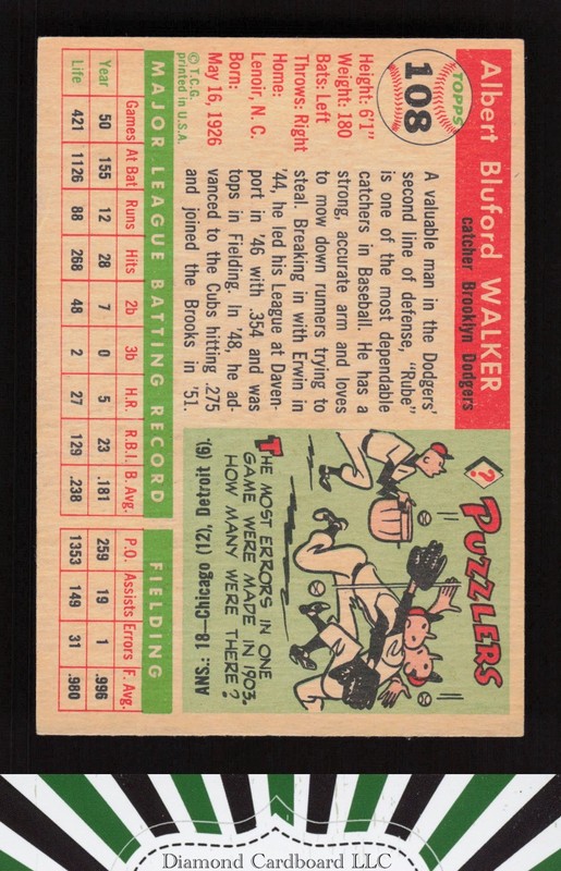 1955 Topps #108 "Rube" Walker VGEX g, back