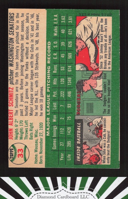 1954 Topps #33 Johnny Schmitz EXMT (MC) h, back