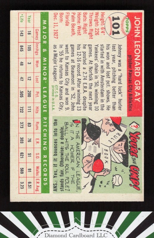 1955 Topps #101 Johnny Gray VGEX c, back
