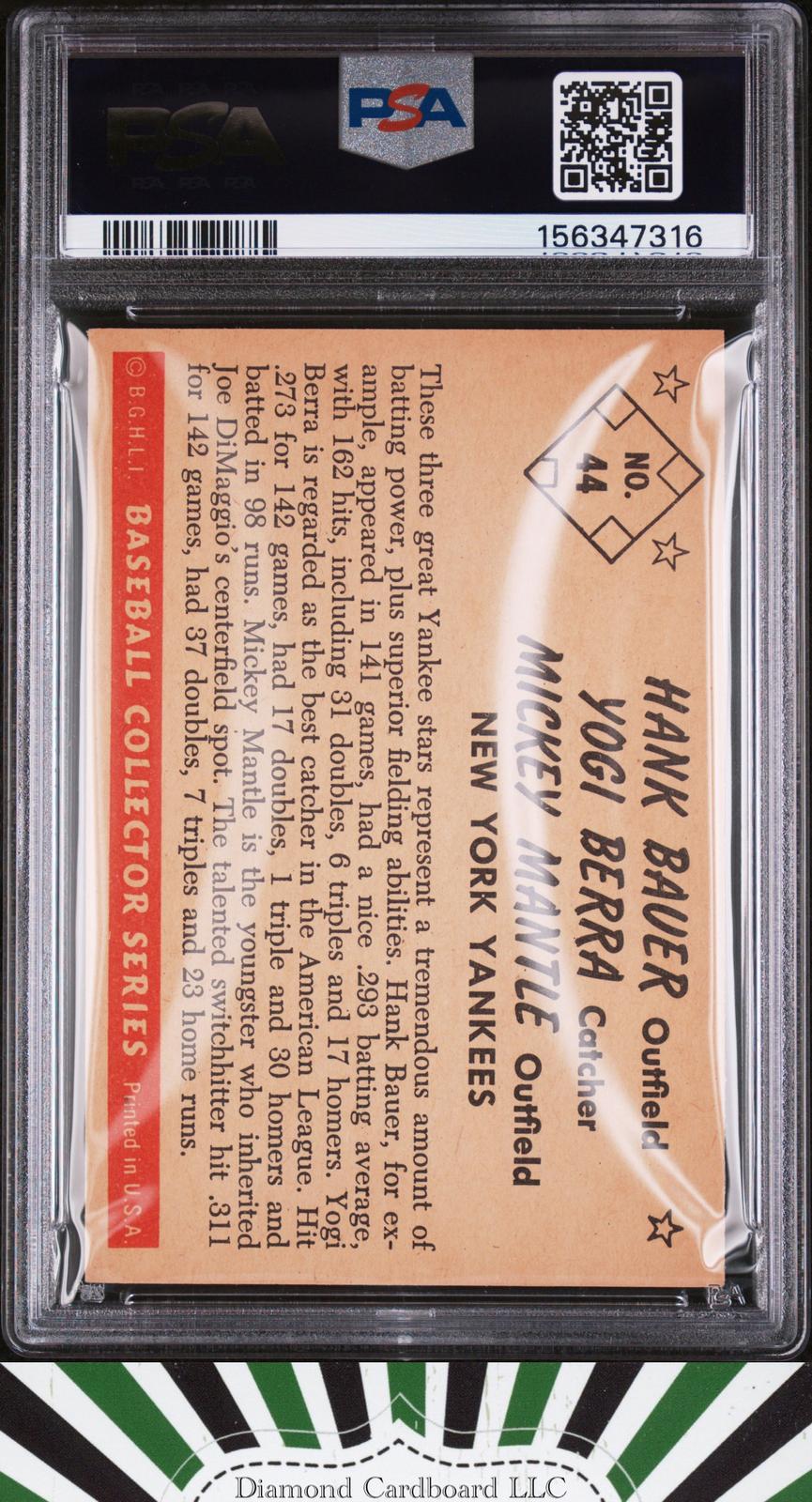 1953 Bowman Color #44 Berra/Bauer/Mantle PSA 5 [REALLY SHARP], back