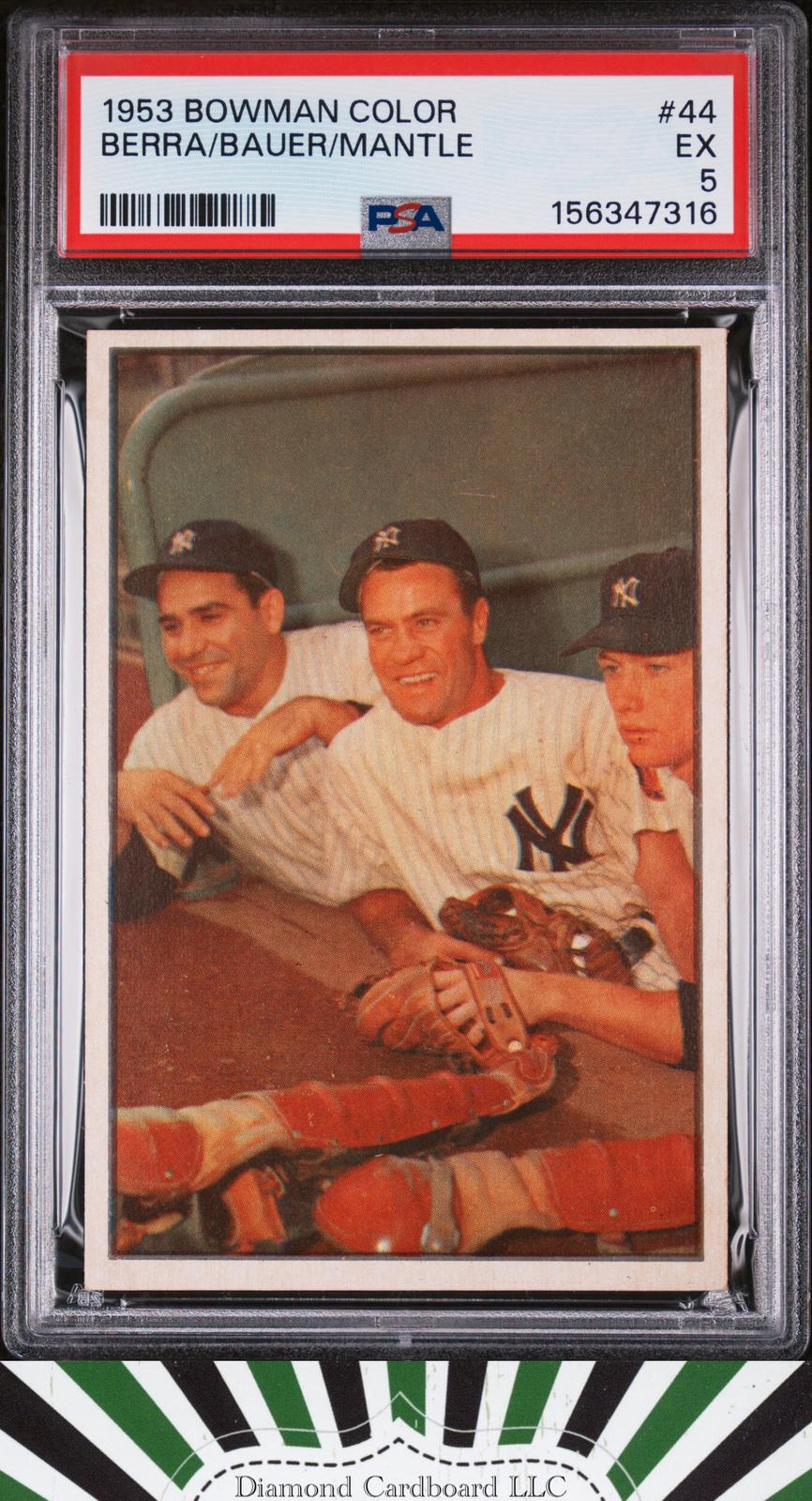 1953 Bowman Color #44 Berra/Bauer/Mantle PSA 5 [REALLY SHARP], front